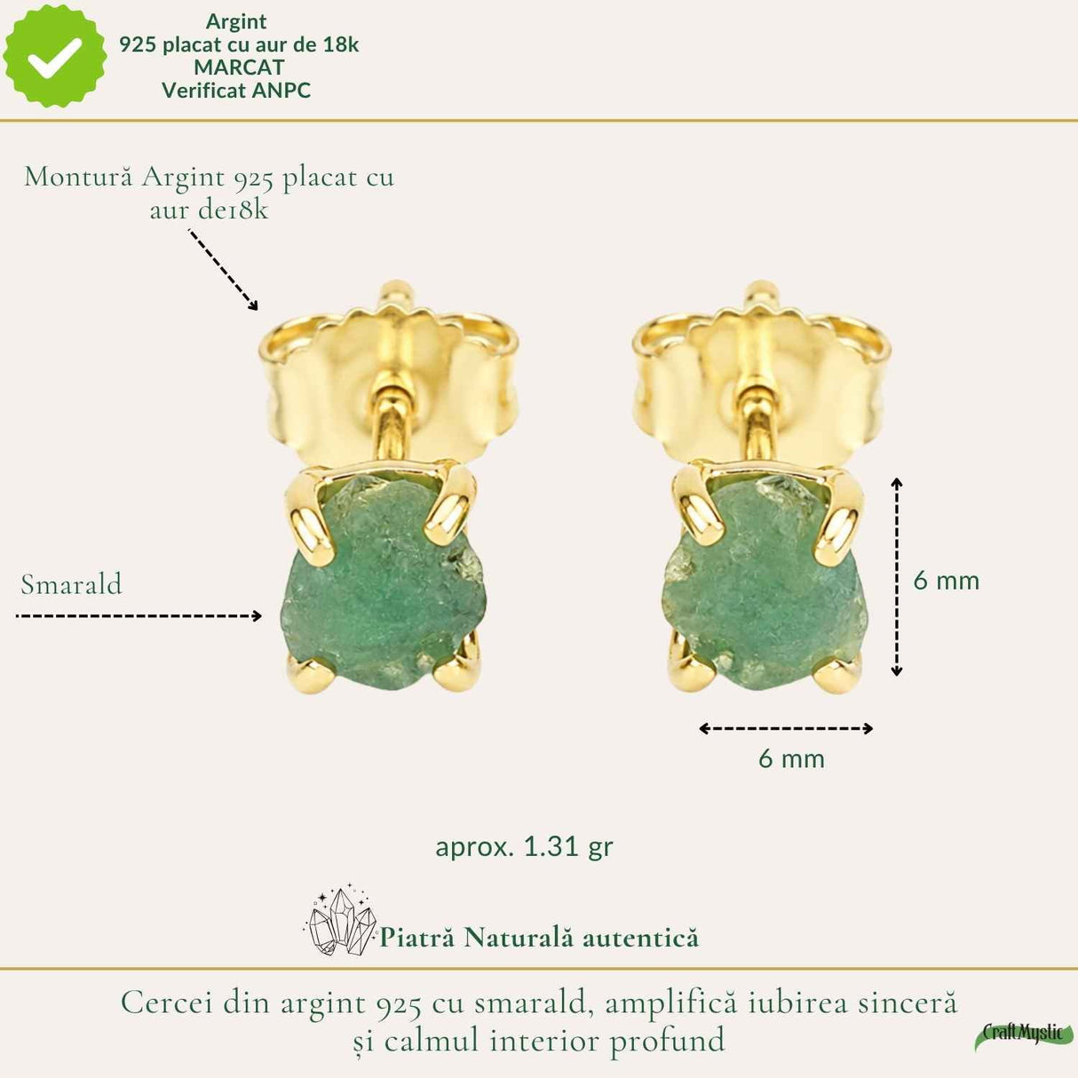 Cercei Argint 925 Placat cu Aur 18K si Smarald Brut – Eleganta Naturala si Feminitate