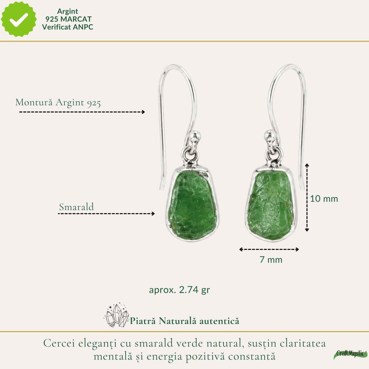 Cercei Argint 925 cu Smarald Brut Natural – Eleganta si Energie a Inimii