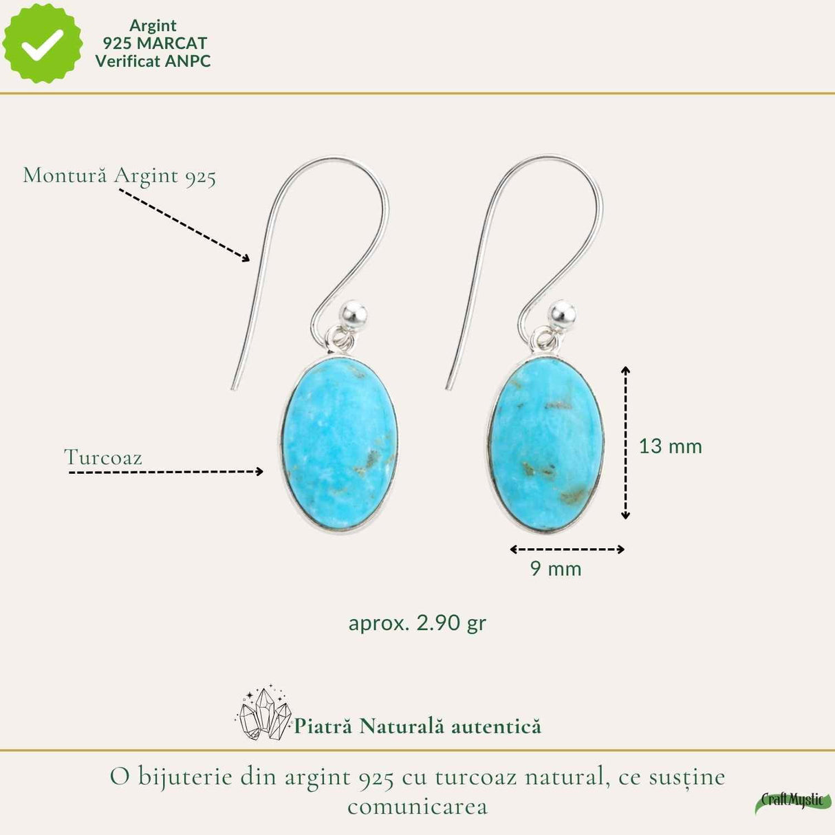 Cercei argint 925 cu turcoaz oval – echilibru si energie pozitiva