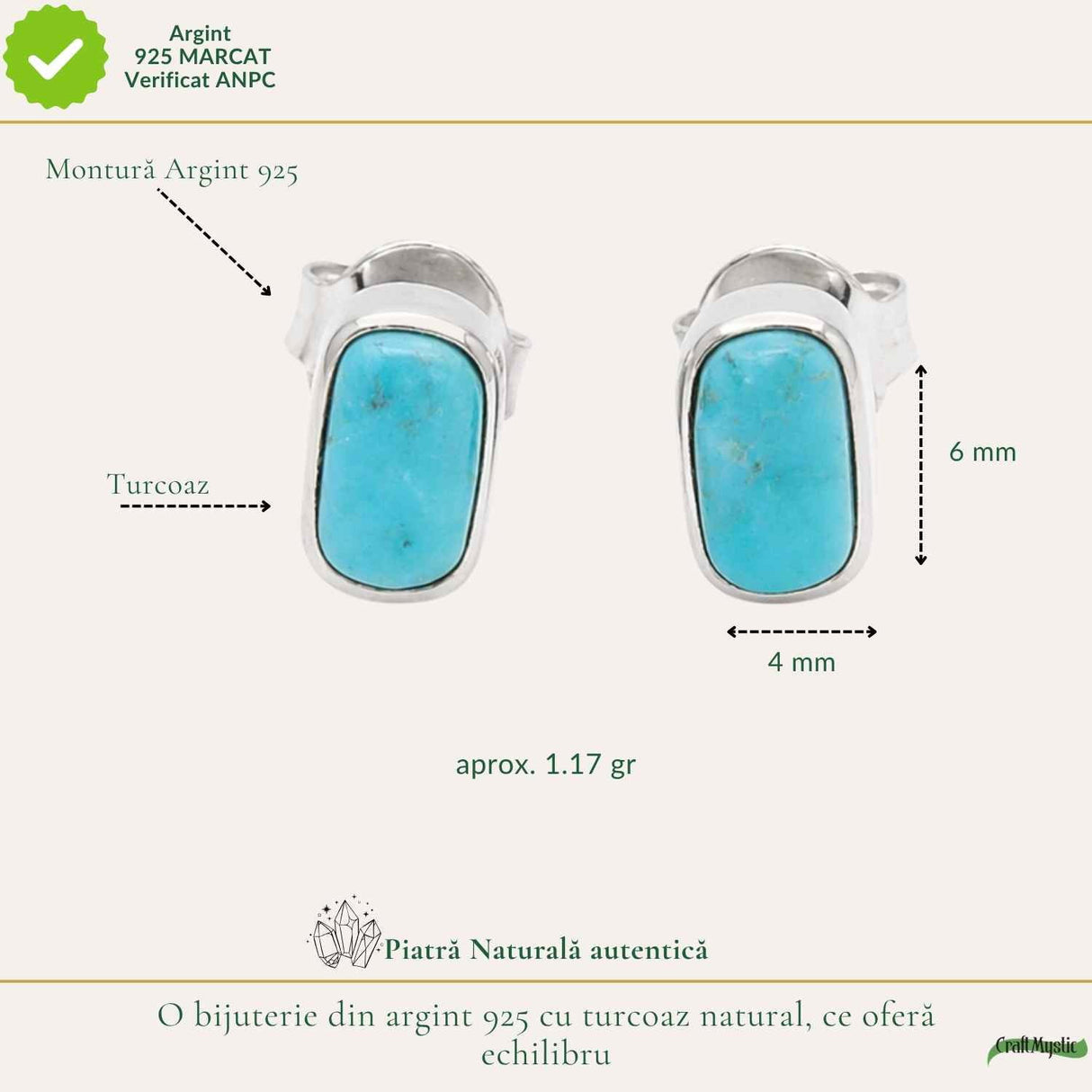 Cercei argint 925 cu turcoaz dreptunghiular – calm si protectie