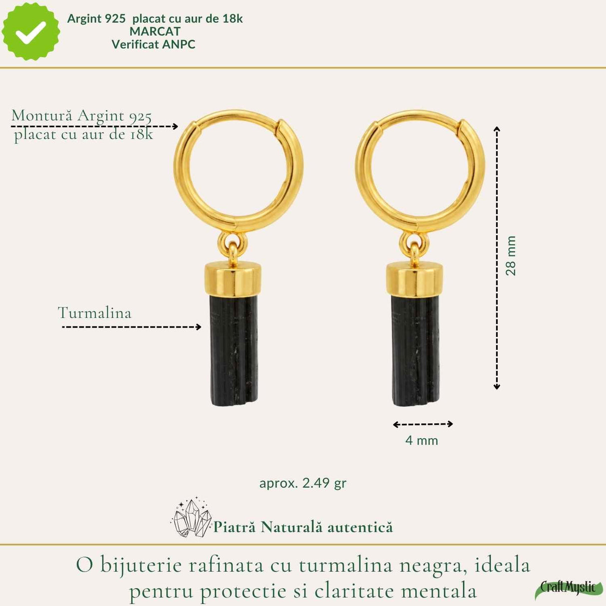 Cercei Argint 925 cu Turmalina Neagra Bruta – Protectie si Stabilitate Naturala