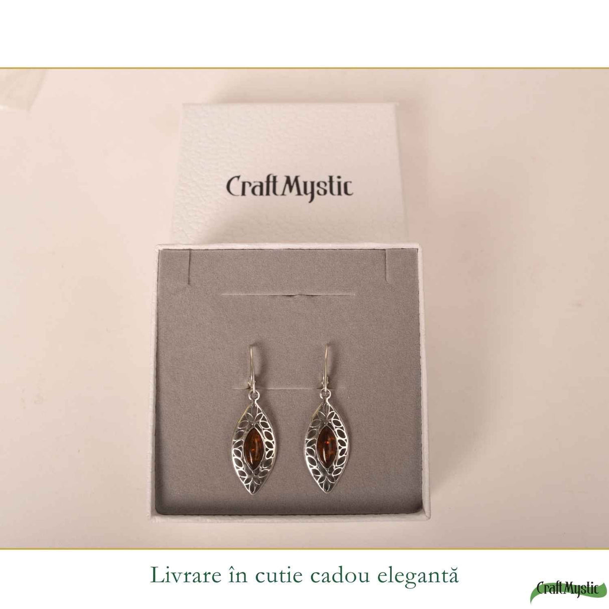 Cercei Argint 925 Frunza cu Chihlimbar - Energie Naturala si Eleganta Delicata