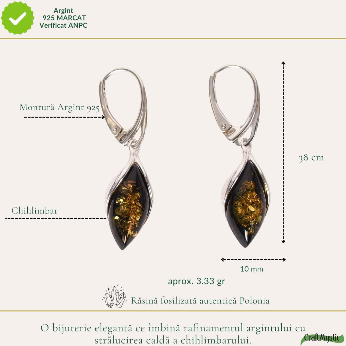 Cercei Argint 925 Oval cu Chihlimbar Verde - Eleganta Naturala si Energie Pozitiva