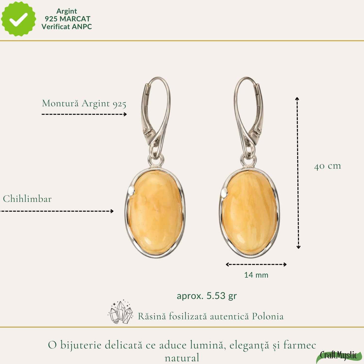 Cercei Argint 925 Ovali cu Chihlimbar Galben - Energie Calda si Eleganta Naturala