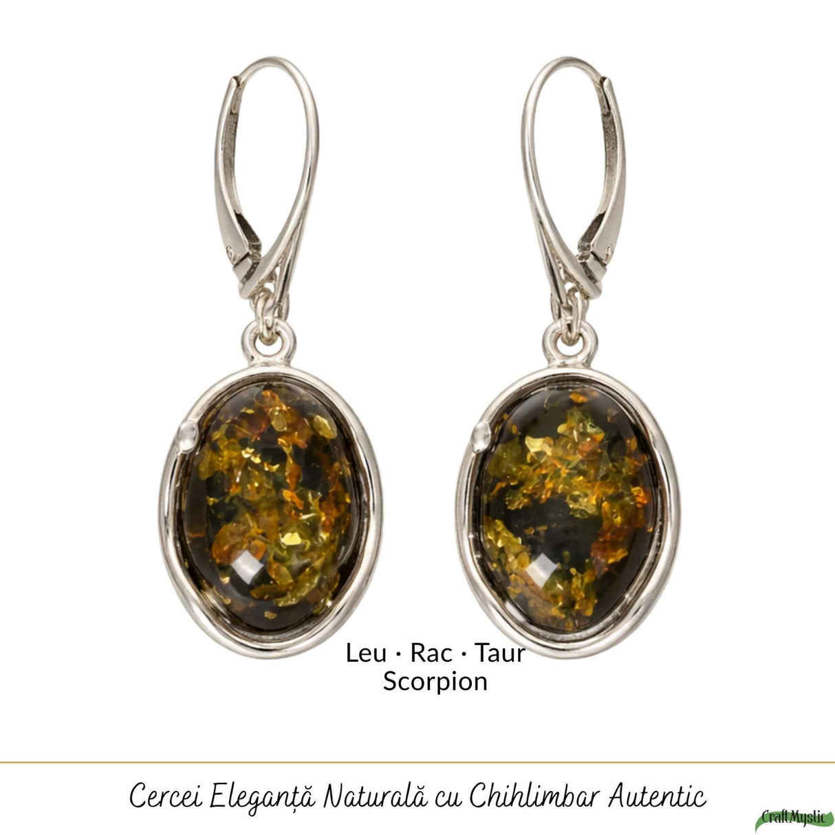 Cercei Argint 925 Ovali cu Chihlimbar Verde - Eleganta Naturala si Energie Pozitiva