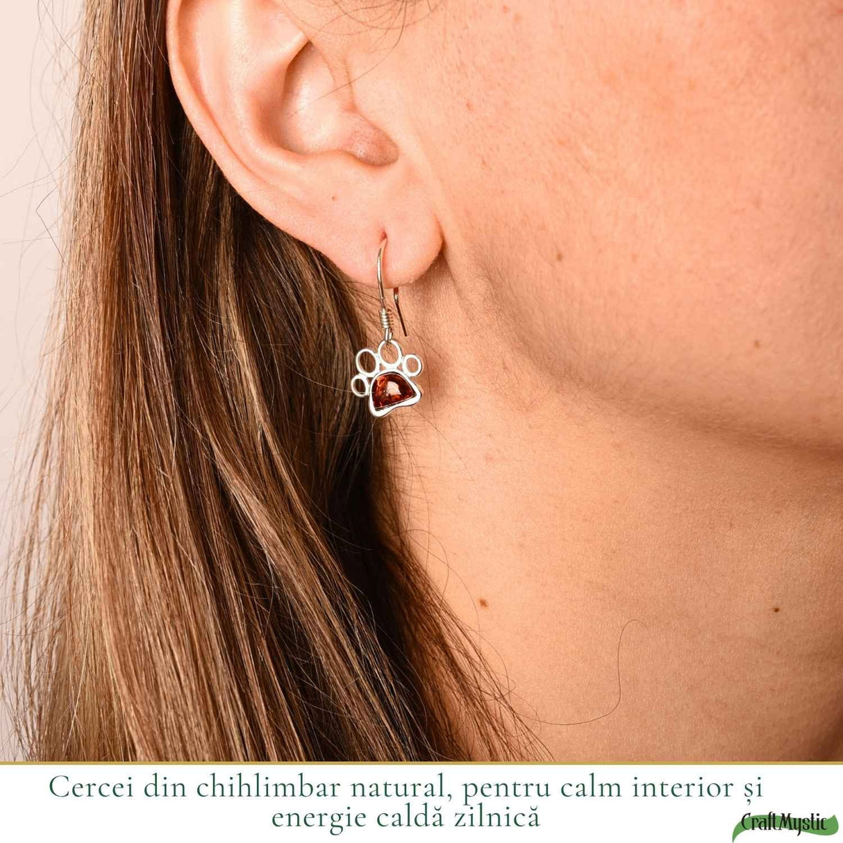 Cercei Argint 925 cu Chihlimbar Rosu Labuta de Pisica – Protectie si Energie Calda