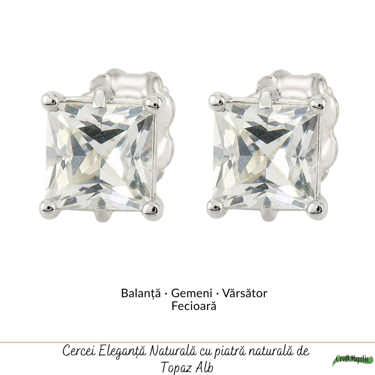 Cercei Argint 925 cu Topaz Alb Fatetat Patrat – Claritate si Eleganta Delicata