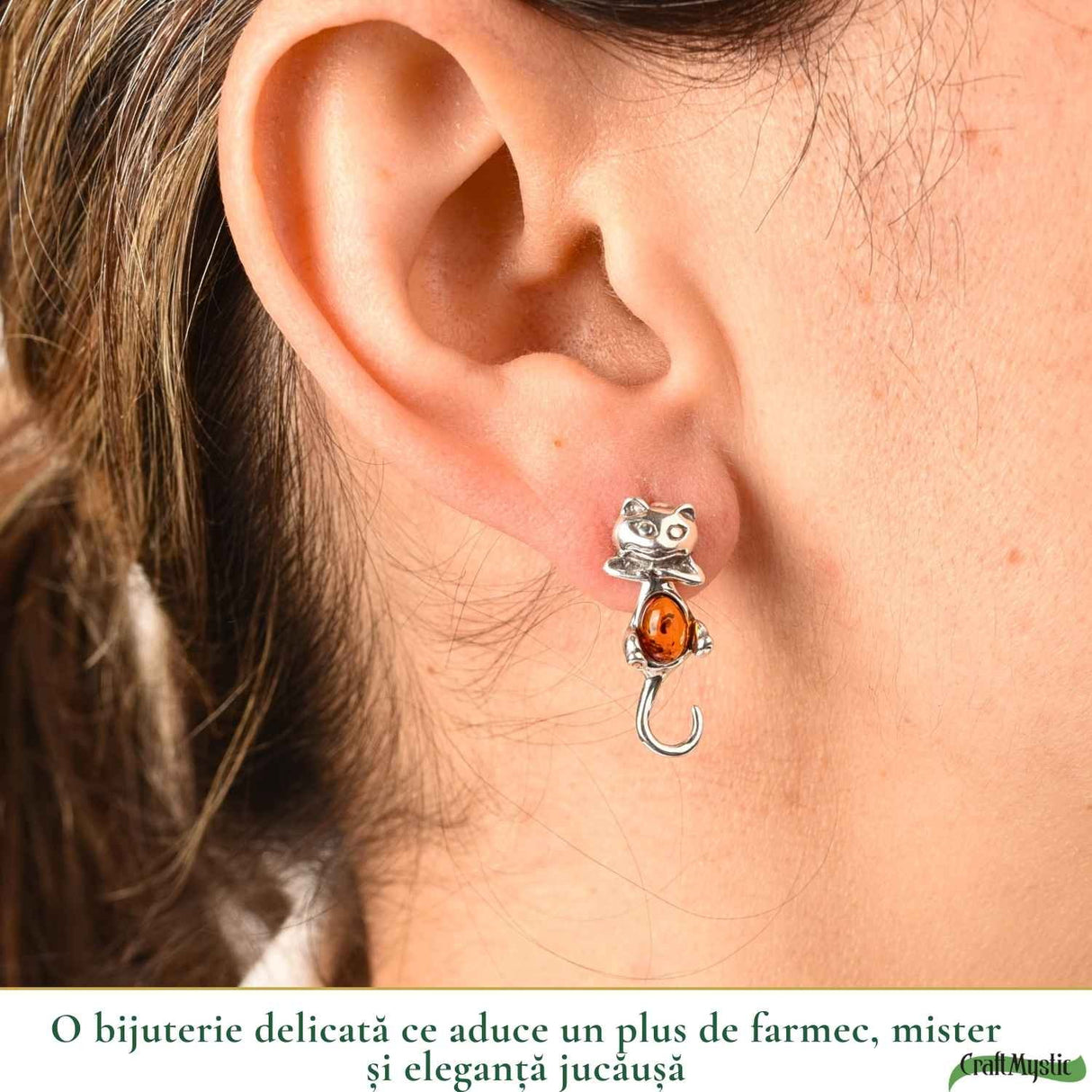 Cercei Argint 925 Pisica cu Chihlimbar - Protectie, Intuitie si Eleganta Delicata