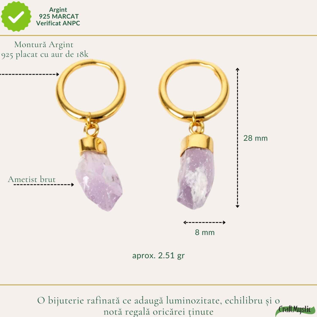 Cercei Argint 925 Placat Aur 18K cu Ametist Brut – Claritate, Calm si Eleganta Naturala