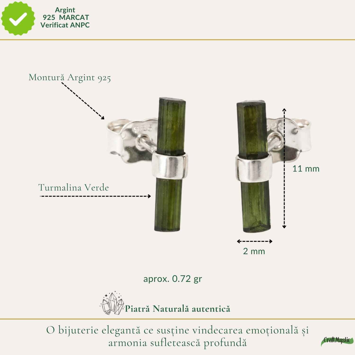 Cercei Argint 925 cu Turmalina Verde Bruta – Prosperitate si Echilibru Emotional