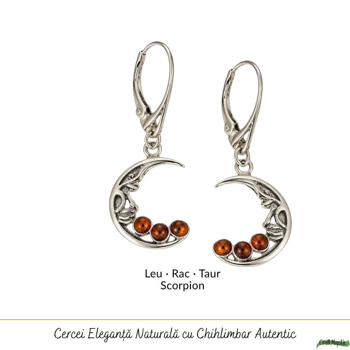 Cercei Argint 925 Semiluna cu Chihlimbar - Eleganta Mistica si Energie Calda