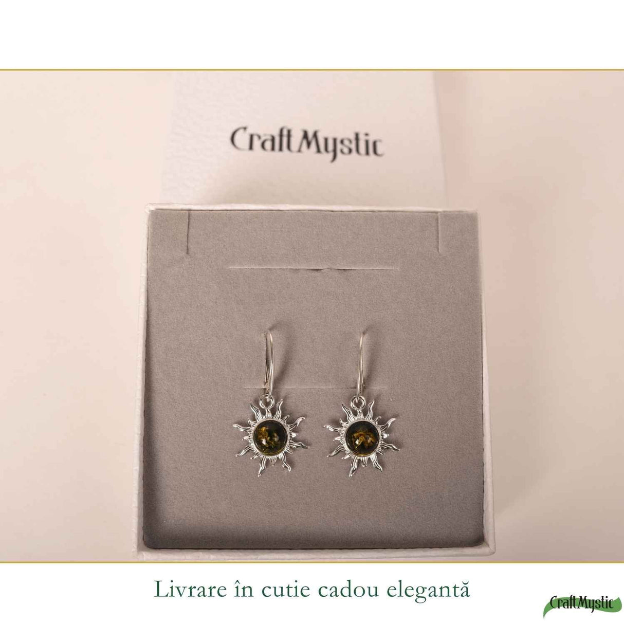 Cercei Argint 925 Soare cu Chihlimbar Verde - Energie, Vitalitate si Lumina