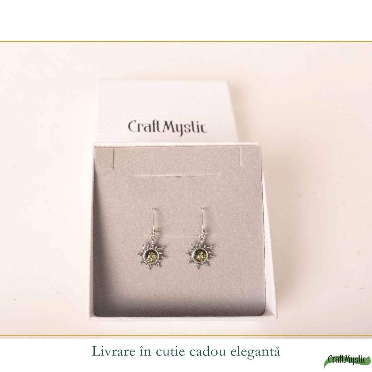 Cercei Argint 925 Soare cu Chihlimbar Verde - Energie, Vitalitate si Lumina