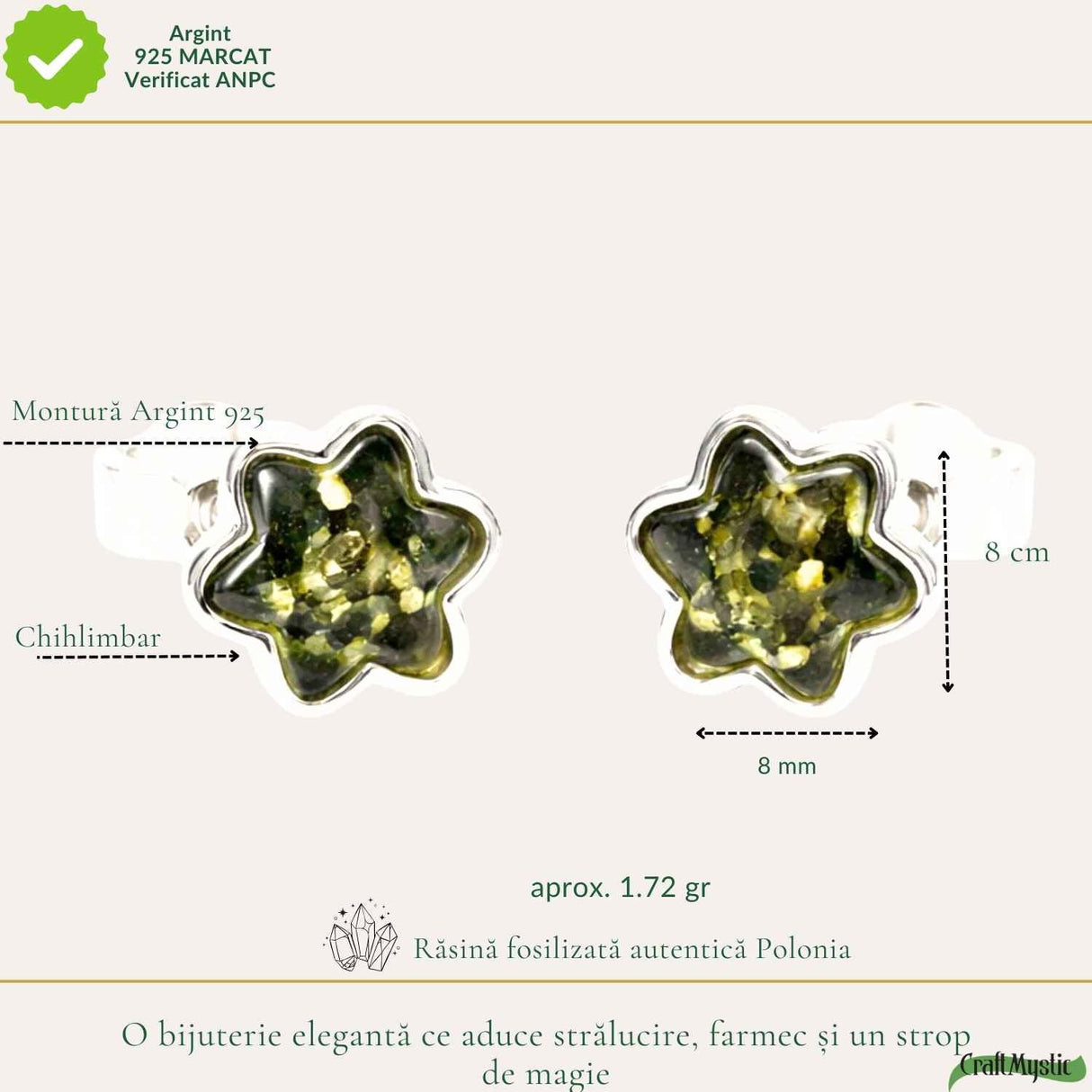 Cercei Argint 925 Stea cu Chihlimbar Verde - Energie, Inspirtie si Eleganta