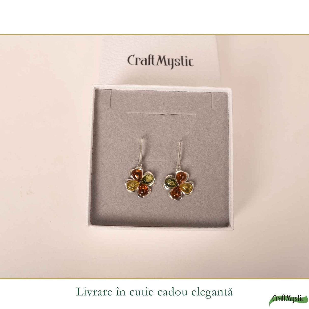 Cercei Argint 925 Trifoi cu Chihlimbar Multicolor - Noroc, Energie Pozitiva si Eleganta