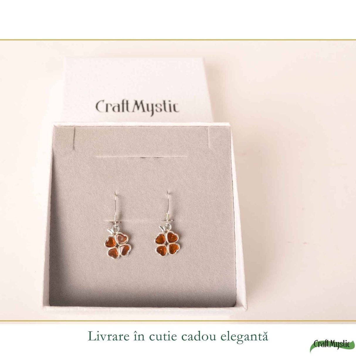Cercei Argint 925 Trifoi cu Chihlimbar - Noroc, Energie Pozitiva si Eleganta