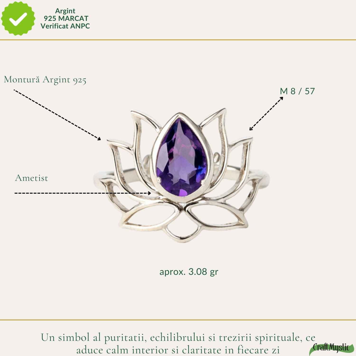 Inel Argint 925 Floare de Lotus cu Ametist Natural – Echilibru si Claritate Interioara