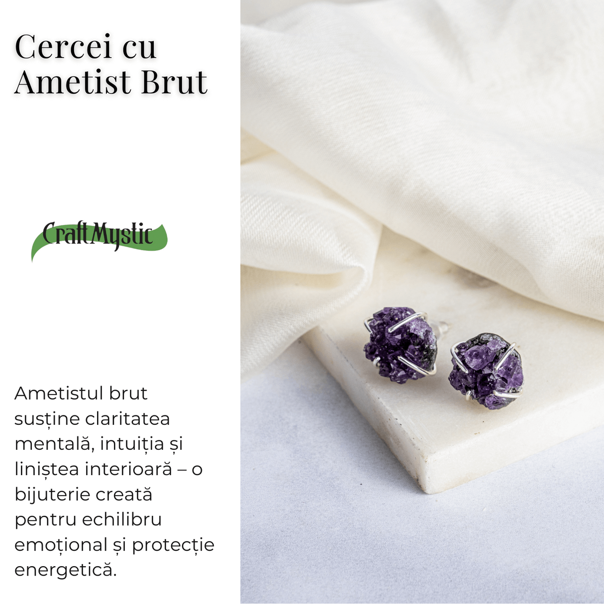 Cercei cu Cristal de Ametist Druzy - Inchidere pe Tija cu Opritor