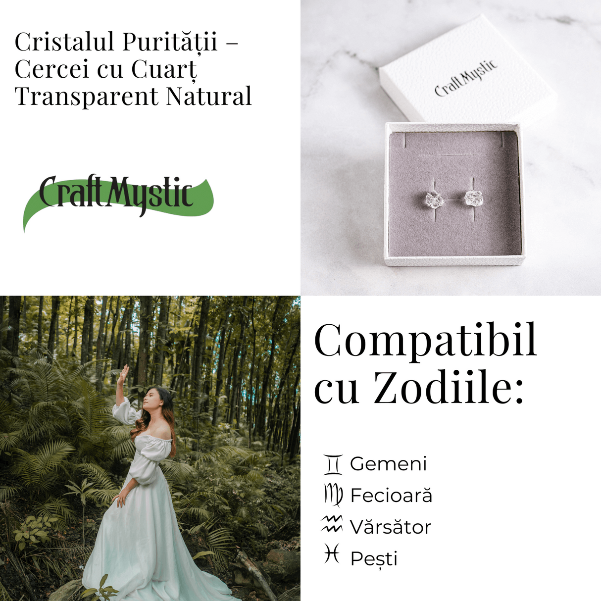 Cristalul puritatii - Cercei stud argintii cu cuart transparent natural