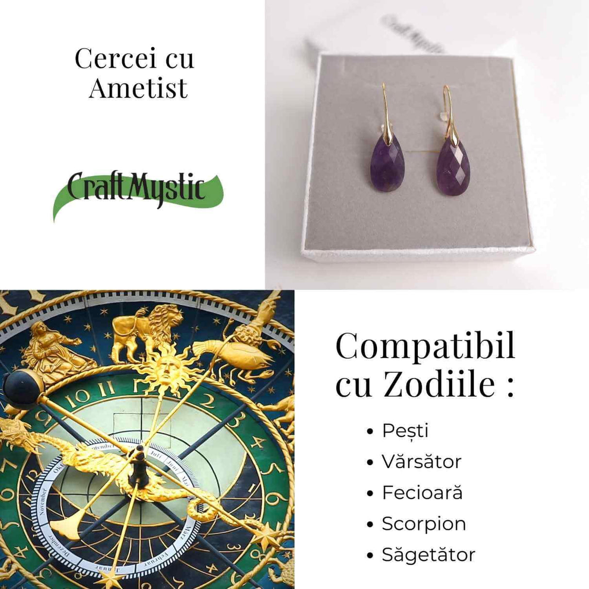 Cercei Aurii eleganti cu Ametist natural Fatetat - Eleganta si Calm Interioar