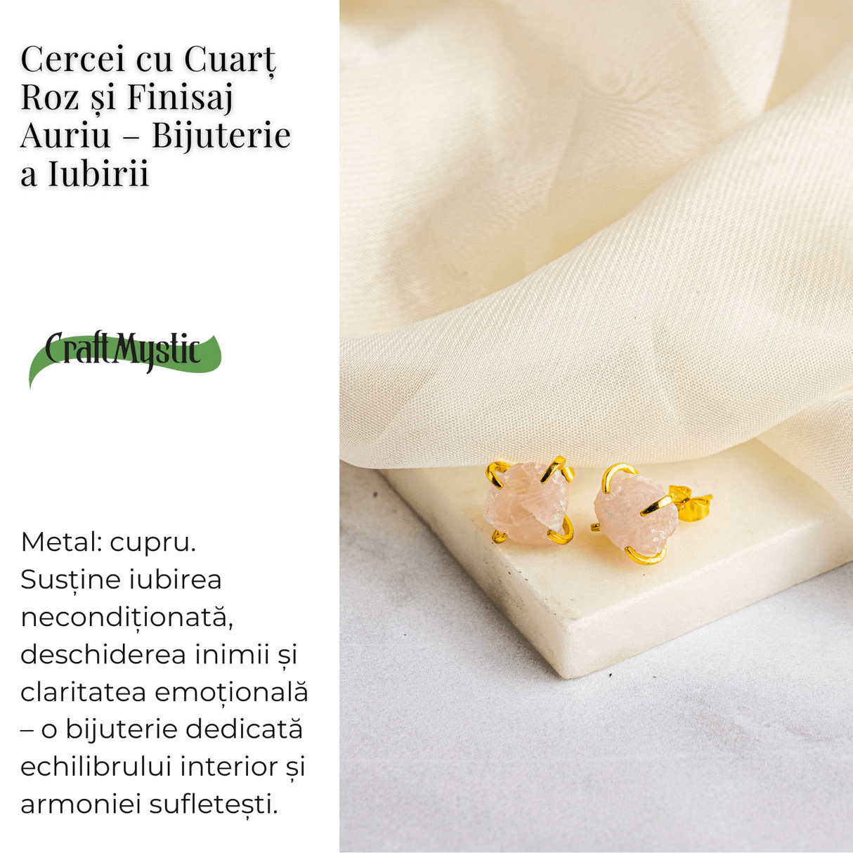 Bijuterie a Iubirii - Cercei cu Cuart Roz si Finisaj Auriu