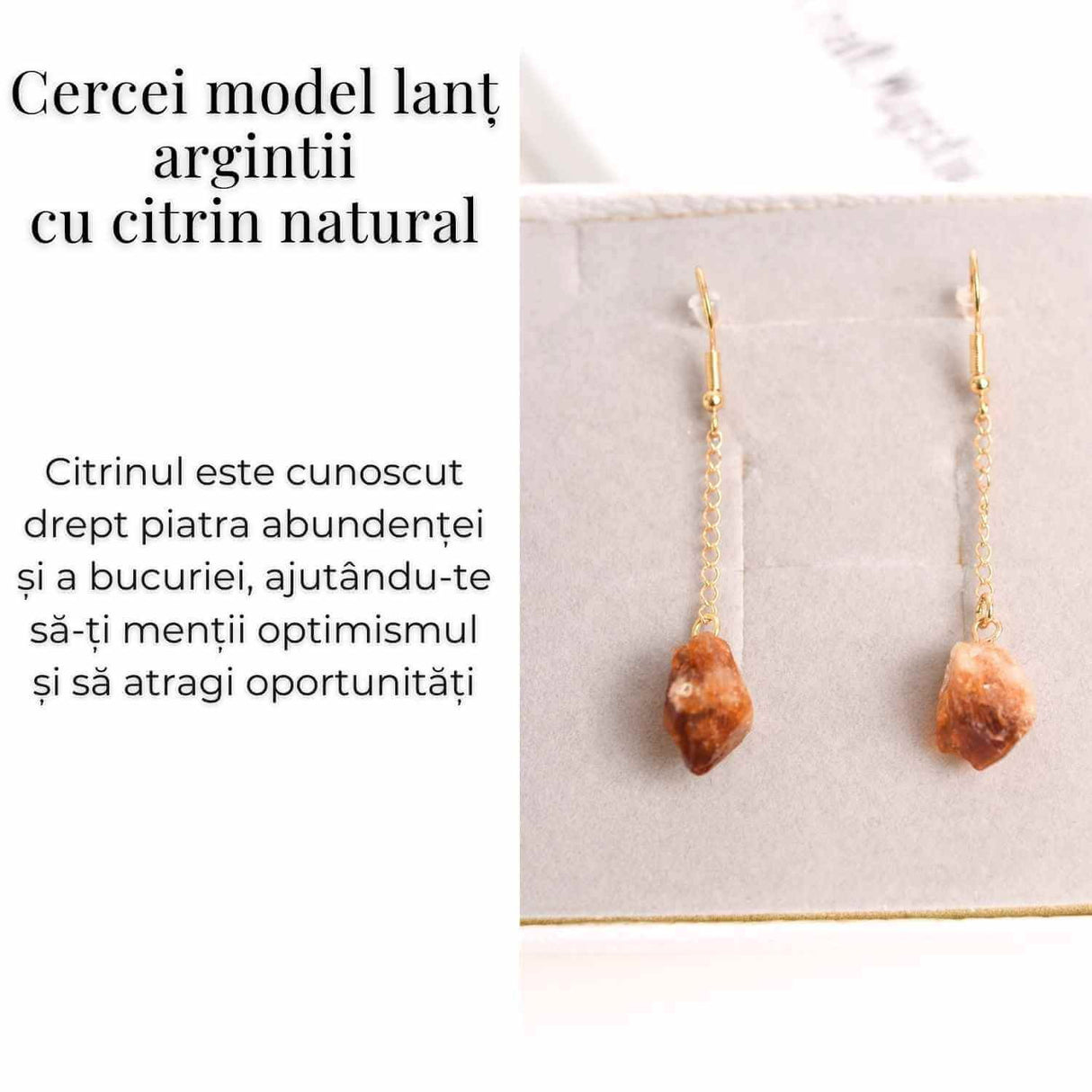 Cercei Aurii model lant cu Citrin Brut - Prosperitate si Eleganta Naturala