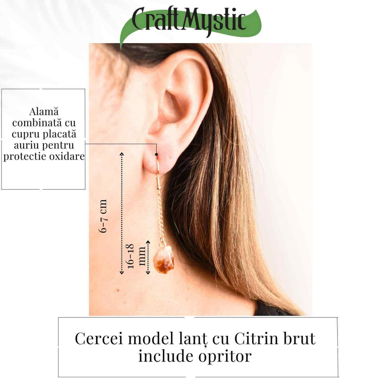Cercei Aurii model lant cu Citrin Brut - Prosperitate si Eleganta Naturala