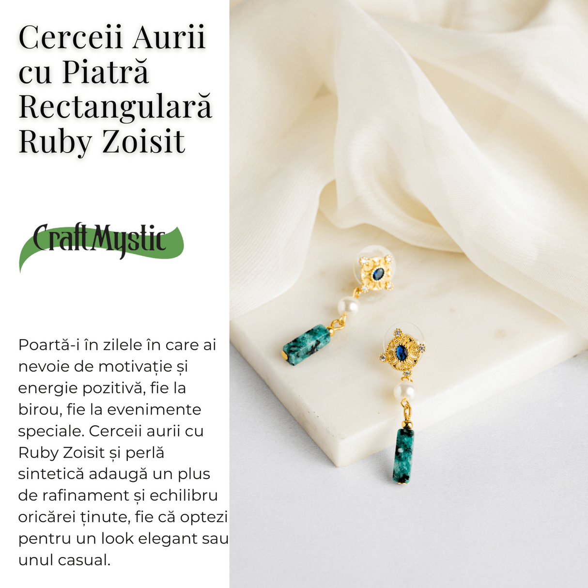 Cercei Aurii cu Perla Sintetica si Piatra de Ruby Zoisit - Eleganta si Echilibru Spiritual