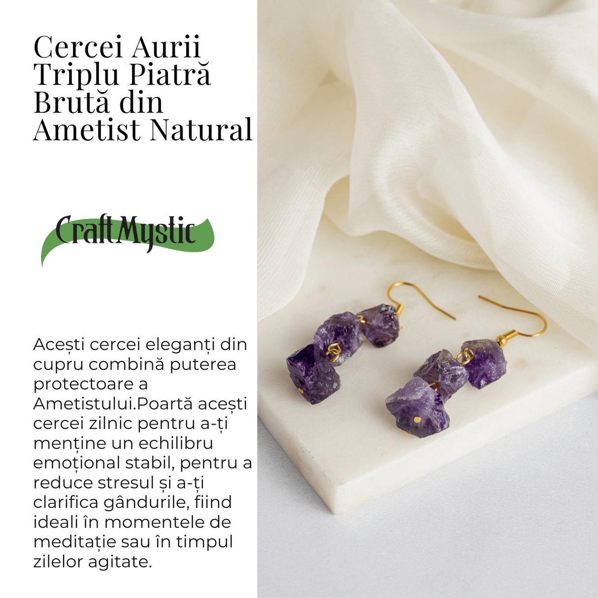 Cercei Aurii cu Triplu Piatra Ametist Brut Natural - Energie, Stil si Unicitate