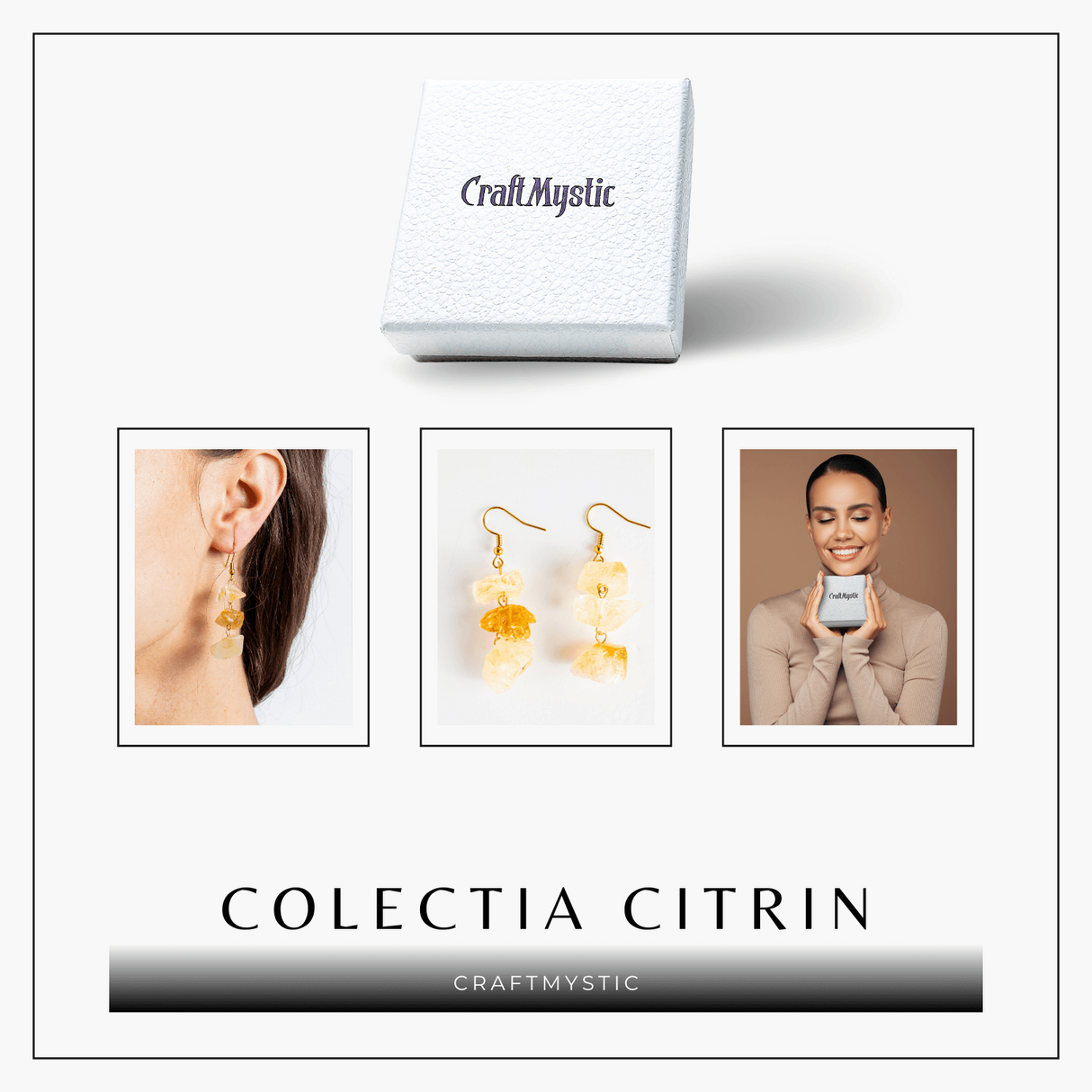 Cercei Aurii cu Triplu Piatra de Citrin Brut - Putere si Energie Pozitiva