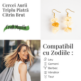 Cercei Aurii cu Triplu Piatra de Citrin Brut - Putere si Energie Pozitiva