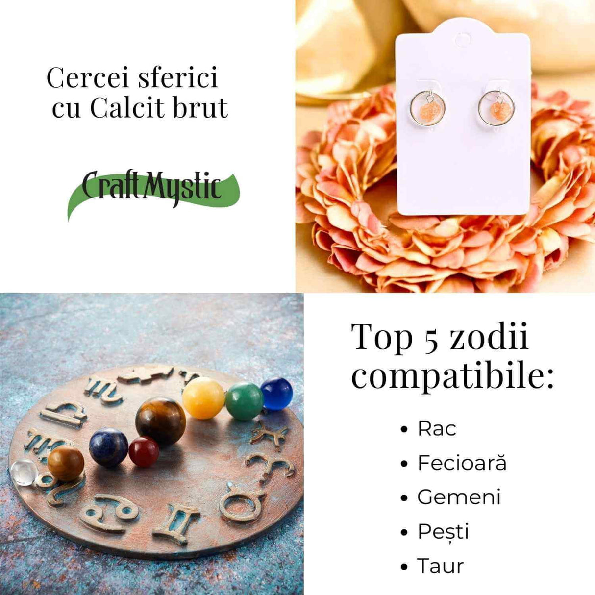 Cercei model sferic cu Calcit Brut - Energie Pozitiva si Echilibru