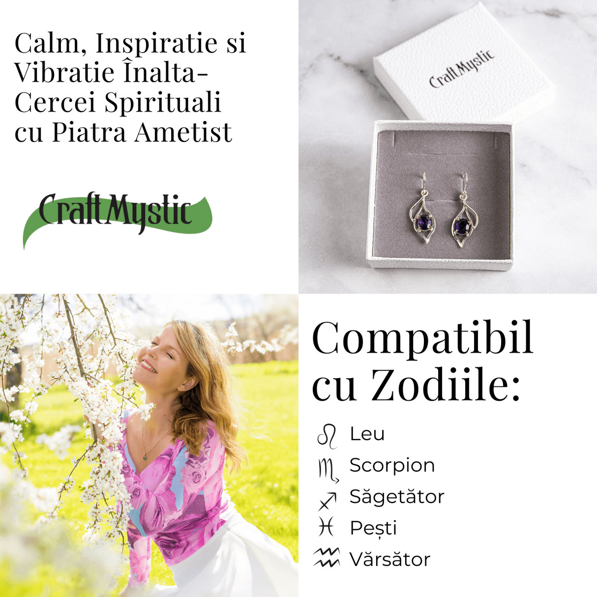 Cercei spirituali cu piatra Ametist - Calm si Vibratie Inalta