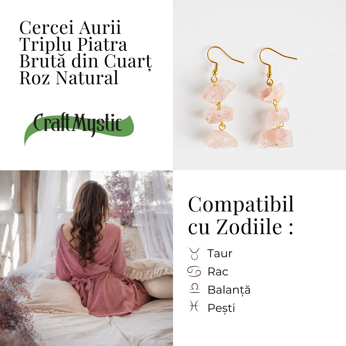 Cercei Cuart Roz Natural Brut Triplu piatra - Iubire, Armonie si Echilibru