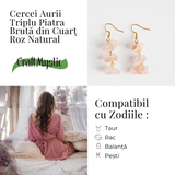 Cercei Cuart Roz Natural Brut Triplu piatra - Iubire, Armonie si Echilibru