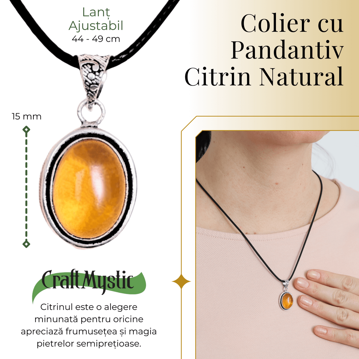 Colier Reglabil cu Pandantiv Oval din Metal Argintiu și Citrin Natural Qadri