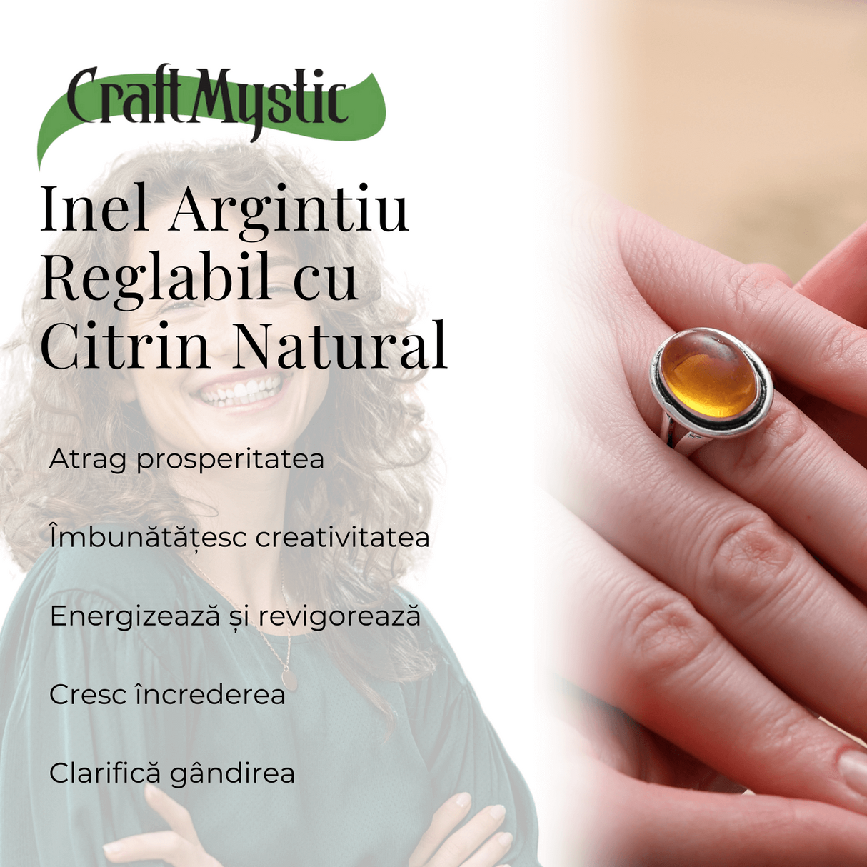 Inel Ajustabil Argintiu cu Citrin Natural Qadri