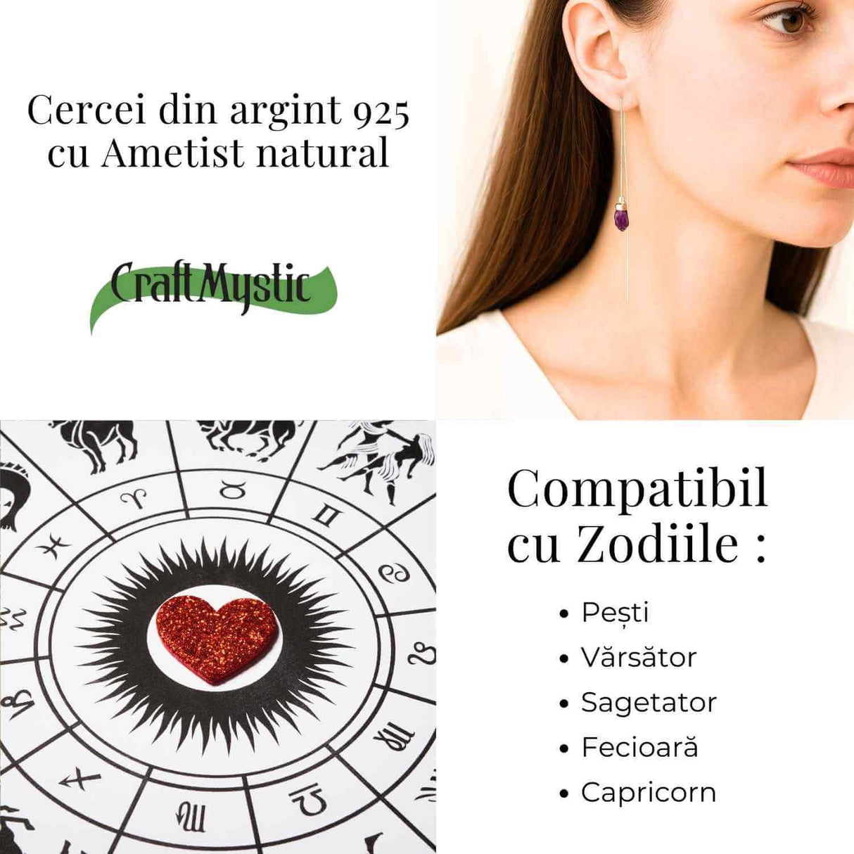 Calm si Echilibru Interior - Cercei Lungi din Argint 925 cu Piatra Naturală de Ametist
