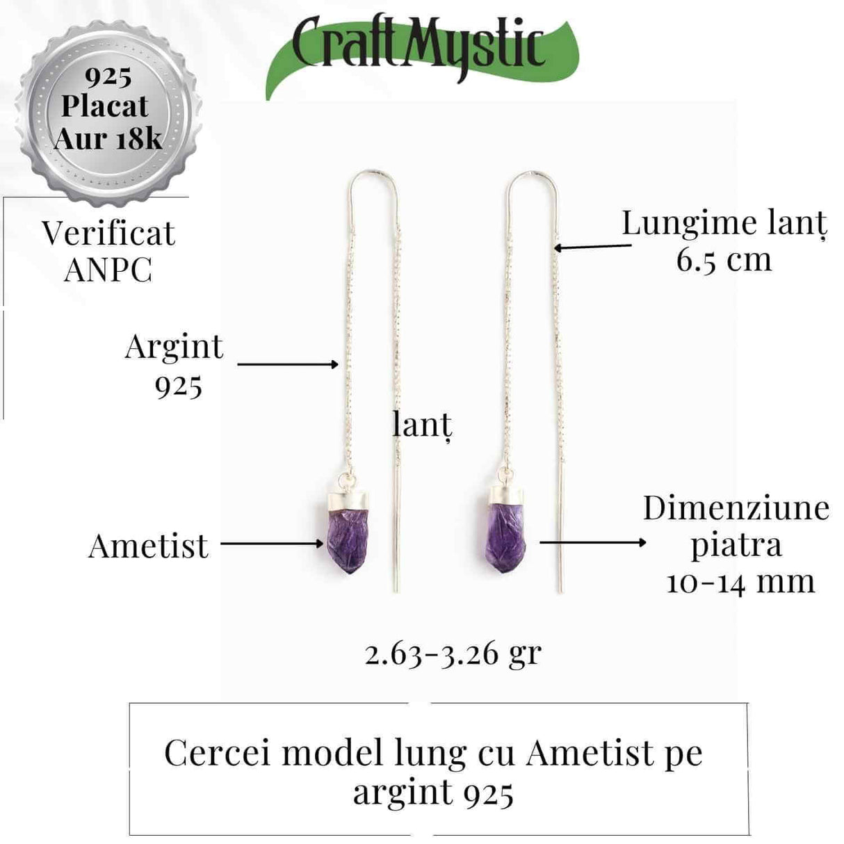 Calm si Echilibru Interior - Cercei Lungi din Argint 925 cu Piatra Naturală de Ametist