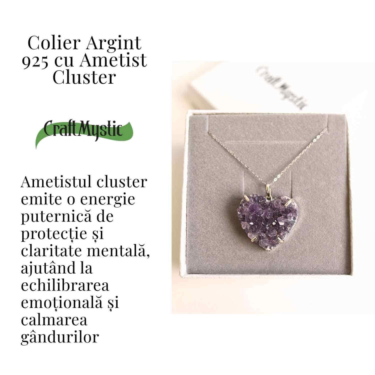 Liniste si Claritate Interioara - Colier Inima cu Ametist Cluster din argint 925