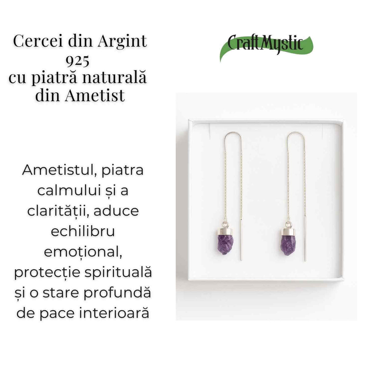 Calm si Echilibru Interior - Cercei Lungi din Argint 925 cu Piatra Naturală de Ametist