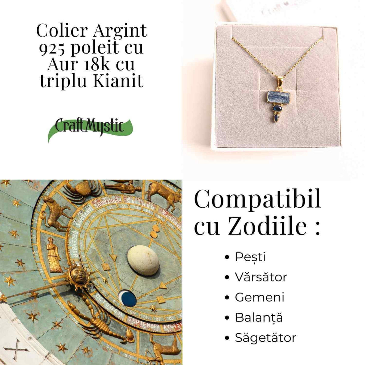 Comunicare Autentica si Echilibru - Colier inox si pandantiv argint 925 placat cu aur de18k si Triplu Kianit
