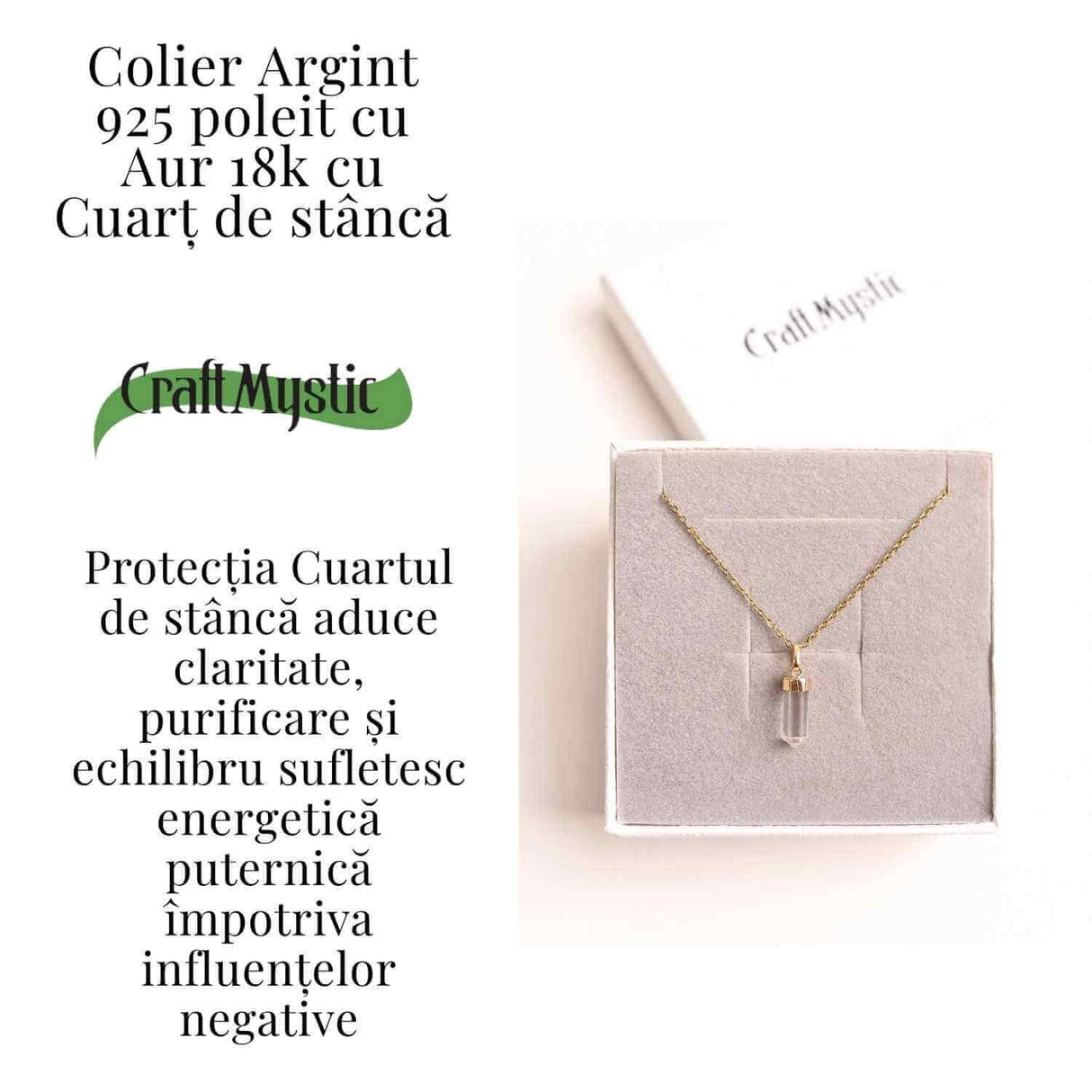 Claritate Mentala si Purificare - Colier din Argint 925 Placat cu Aur 18K cu Cuart de Stanca
