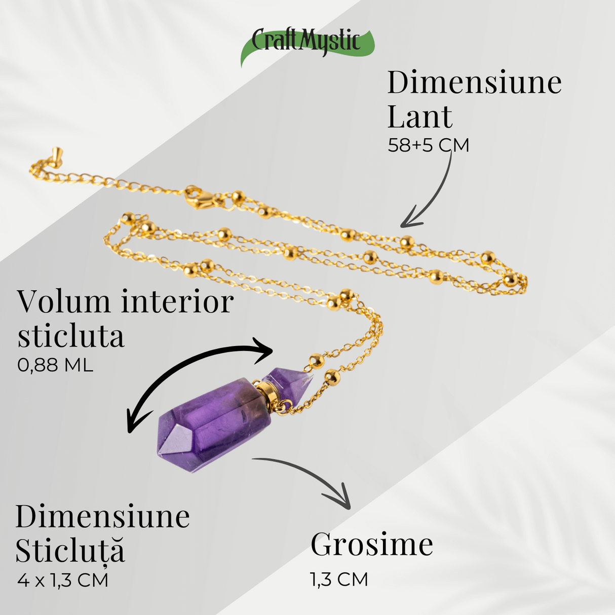 Protectie si Claritate - Colier Sticluta Pendul din Ametist Natural, lant cupru Placat Auriu