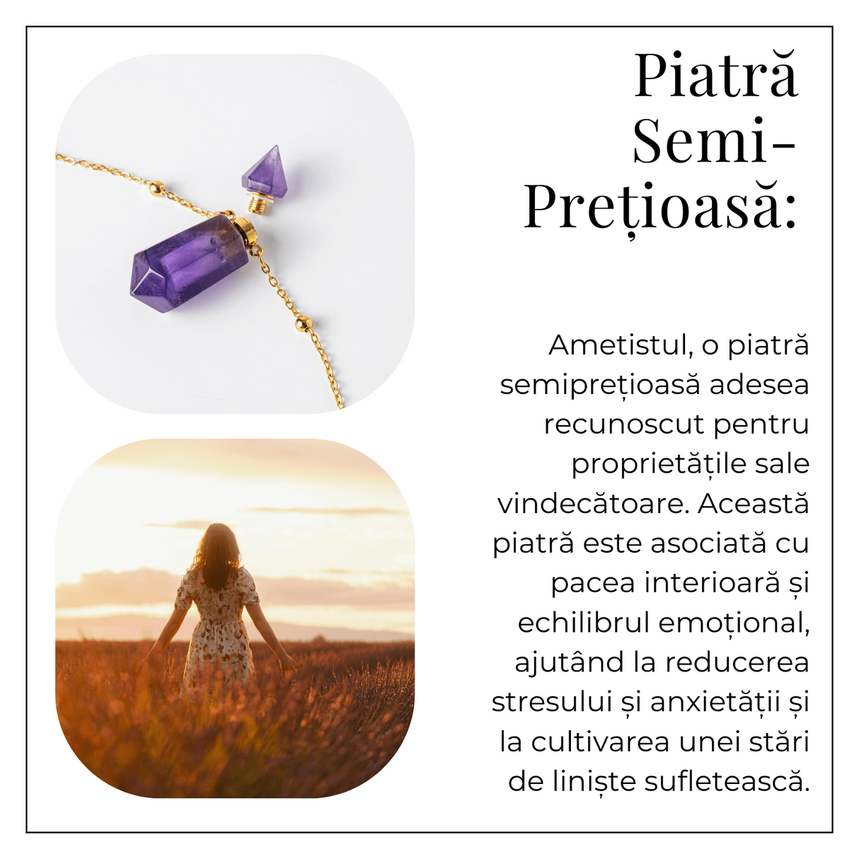 Protectie si Claritate - Colier Sticluta Pendul din Ametist Natural, lant cupru Placat Auriu
