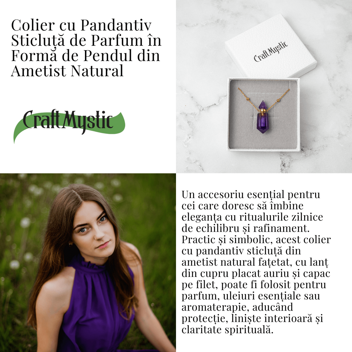 Protectie si Claritate - Colier Sticluta Pendul din Ametist Natural, lant cupru Placat Auriu