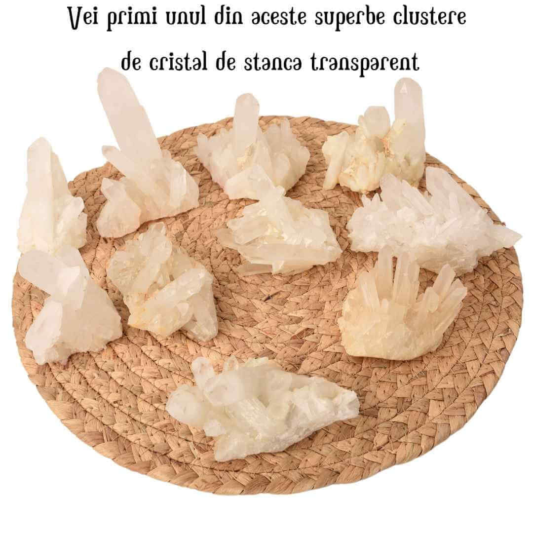 Cluster cristale de stanca transparent natural montat uniform Piatra semipretioasa pentru decoratiuni si vindecare energetica