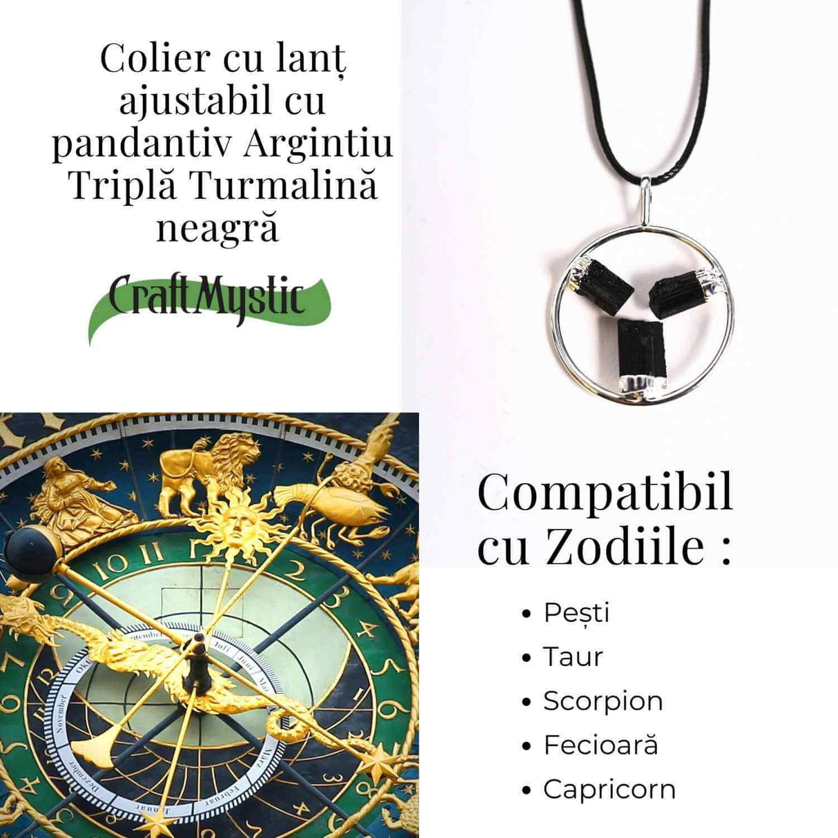 Colier cu pandantiv rotund si 3 pietre naturale de turmalina neagra - Protectie si Energie