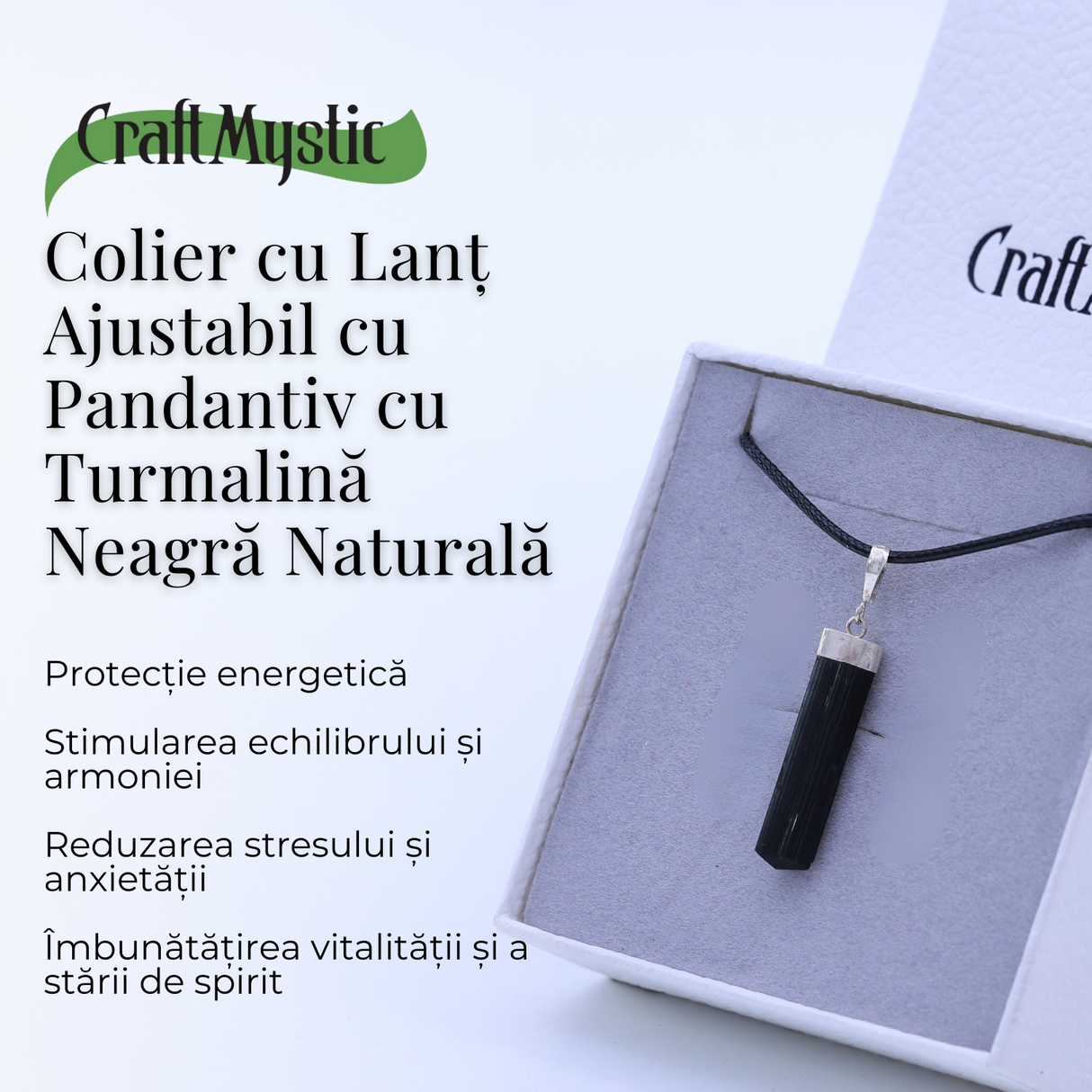 Colier Ajustabil cu Pandantiv din Turmalina neagra subtire 3-4 cm Argintiu
