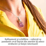 Colier argintiu cu varf de ametist brut - Calm si Eleganta Naturala